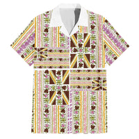 Hawaii Lokelani Pikake Lei Family Matching Off Shoulder Maxi Dress and Hawaiian Shirt Hawaiian Flag Motif LT9 Dad's Shirt - Short Sleeve White - Polynesian Pride
