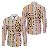 Hawaii Lokelani Pikake Lei Family Matching Puletasi and Hawaiian Shirt Hawaiian Flag Motif LT9 Dad's Shirt - Long Sleeve White - Polynesian Pride