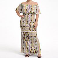 Hawaii Lokelani Pikake Lei Off Shoulder Maxi Dress Hawaiian Flag Motif LT9 Women White - Polynesian Pride
