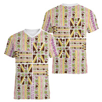 Hawaii Lokelani Pikake Lei Women V-Neck T-Shirt Hawaiian Flag Motif