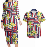 Hawaii Plumeria Lei Couples Matching Long Sleeve Bodycon Dress and Hawaiian Shirt Hawaiian Flag Motif LT9 Red - Polynesian Pride