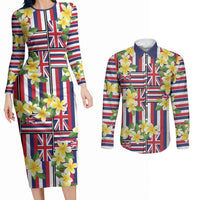 Hawaii Plumeria Lei Couples Matching Long Sleeve Bodycon Dress and Long Sleeve Button Shirt Hawaiian Flag Motif LT9 Red - Polynesian Pride