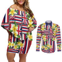 Hawaii Plumeria Lei Couples Matching Off Shoulder Short Dress and Long Sleeve Button Shirt Hawaiian Flag Motif LT9 Red - Polynesian Pride