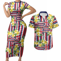 Hawaii Plumeria Lei Couples Matching Short Sleeve Bodycon Dress and Hawaiian Shirt Hawaiian Flag Motif LT9 Red - Polynesian Pride
