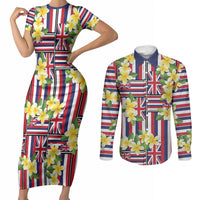 Hawaii Plumeria Lei Couples Matching Short Sleeve Bodycon Dress and Long Sleeve Button Shirt Hawaiian Flag Motif LT9 Red - Polynesian Pride