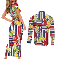 Hawaii Plumeria Lei Couples Matching Short Sleeve Bodycon Dress and Long Sleeve Button Shirt Hawaiian Flag Motif LT9 - Polynesian Pride