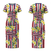 Hawaii Plumeria Lei Couples Matching Short Sleeve Bodycon Dress and Long Sleeve Button Shirt Hawaiian Flag Motif LT9 - Polynesian Pride
