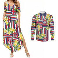 Hawaii Plumeria Lei Couples Matching Summer Maxi Dress and Long Sleeve Button Shirt Hawaiian Flag Motif LT9 Red - Polynesian Pride