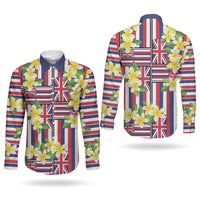 Hawaii Plumeria Lei Couples Matching Summer Maxi Dress and Long Sleeve Button Shirt Hawaiian Flag Motif LT9 - Polynesian Pride