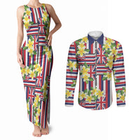 Hawaii Plumeria Lei Couples Matching Tank Maxi Dress and Long Sleeve Button Shirt Hawaiian Flag Motif LT9 Red - Polynesian Pride