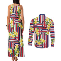 Hawaii Plumeria Lei Couples Matching Tank Maxi Dress and Long Sleeve Button Shirt Hawaiian Flag Motif LT9 - Polynesian Pride