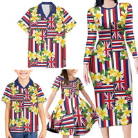 Hawaii Plumeria Lei Family Matching Long Sleeve Bodycon Dress and Hawaiian Shirt Hawaiian Flag Motif LT9 - Polynesian Pride
