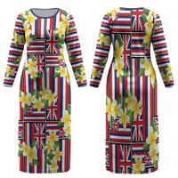 Hawaii Plumeria Lei Family Matching Long Sleeve Bodycon Dress and Hawaiian Shirt Hawaiian Flag Motif LT9 Mom's Dress Red - Polynesian Pride