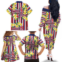 Hawaii Plumeria Lei Family Matching Off The Shoulder Long Sleeve Dress and Hawaiian Shirt Hawaiian Flag Motif LT9 Mom's Dress Red - Polynesian Pride