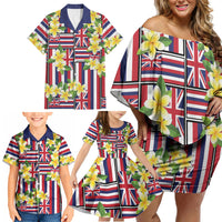 Hawaii Plumeria Lei Family Matching Off Shoulder Short Dress and Hawaiian Shirt Hawaiian Flag Motif LT9 - Polynesian Pride