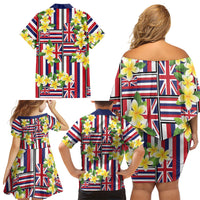 Hawaii Plumeria Lei Family Matching Off Shoulder Short Dress and Hawaiian Shirt Hawaiian Flag Motif LT9 Mom's Dress Red - Polynesian Pride