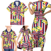 Hawaii Plumeria Lei Family Matching Short Sleeve Bodycon Dress and Hawaiian Shirt Hawaiian Flag Motif LT9 - Polynesian Pride