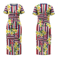 Hawaii Plumeria Lei Family Matching Short Sleeve Bodycon Dress and Hawaiian Shirt Hawaiian Flag Motif LT9 Mom's Dress Red - Polynesian Pride