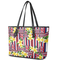 Hawaii Plumeria Lei Leather Tote Bag Hawaiian Flag Motif LT9 - Polynesian Pride