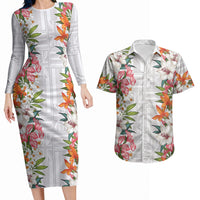 Hawaii Tropical Twist Lei Couples Matching Long Sleeve Bodycon Dress and Hawaiian Shirt Hawaiian Flag Motif LT9 White - Polynesian Pride