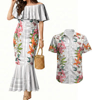 Hawaii Tropical Twist Lei Couples Matching Mermaid Dress and Hawaiian Shirt Hawaiian Flag Motif LT9 White - Polynesian Pride