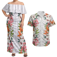Hawaii Tropical Twist Lei Couples Matching Off Shoulder Maxi Dress and Hawaiian Shirt Hawaiian Flag Motif LT9 White - Polynesian Pride