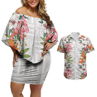 Hawaii Tropical Twist Lei Couples Matching Off Shoulder Short Dress and Hawaiian Shirt Hawaiian Flag Motif LT9 White - Polynesian Pride
