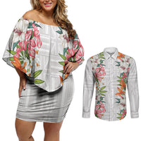 Hawaii Tropical Twist Lei Couples Matching Off Shoulder Short Dress and Long Sleeve Button Shirt Hawaiian Flag Motif LT9 White - Polynesian Pride