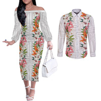 Hawaii Tropical Twist Lei Couples Matching Off The Shoulder Long Sleeve Dress and Long Sleeve Button Shirt Hawaiian Flag Motif LT9 White - Polynesian Pride
