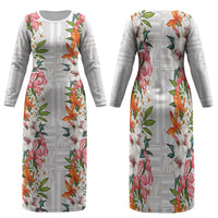 Hawaii Tropical Twist Lei Family Matching Long Sleeve Bodycon Dress and Hawaiian Shirt Hawaiian Flag Motif LT9 Mom's Dress White - Polynesian Pride