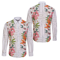 Hawaii Tropical Twist Lei Family Matching Long Sleeve Bodycon Dress and Hawaiian Shirt Hawaiian Flag Motif LT9 Dad's Shirt - Long Sleeve White - Polynesian Pride