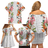Hawaii Tropical Twist Lei Family Matching Off Shoulder Short Dress and Hawaiian Shirt Hawaiian Flag Motif LT9 Mom's Dress White - Polynesian Pride