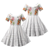 Hawaii Tropical Twist Lei Family Matching Off Shoulder Short Dress and Hawaiian Shirt Hawaiian Flag Motif LT9 Daughter's Dress White - Polynesian Pride