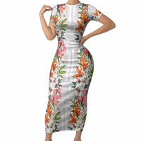 Hawaii Tropical Twist Lei Short Sleeve Bodycon Dress Hawaiian Flag Motif LT9 Long Dress White - Polynesian Pride
