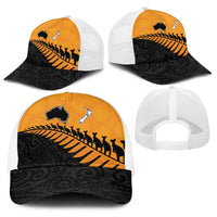 Australia New Zealand Rugby Baseball Net Cap Gold Aboriginal Wallabies and Maori Black Fern - Polynesian Pride