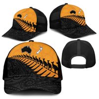 Australia New Zealand Rugby Mesh Trucker Cap Gold Aboriginal Wallabies and Maori Black Fern - Polynesian Pride