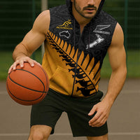Australia New Zealand Rugby Sleeveless Zip Hoodie Gold Aboriginal Wallabies and Maori Black Fern LT9 - Polynesian Pride