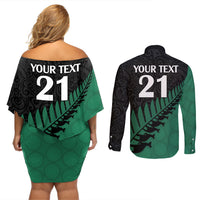 Custom Australia Wallabies and Aotearoa Rugby Couples Matching Off Shoulder Short Dress and Long Sleeve Button Shirts Kangaroo Black Fern Maori Green Vibe LT9 - Polynesian Pride
