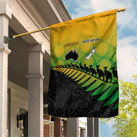 Australia New Zealand Rugby Garden Flag Gradient Aboriginal Wallabies and Maori Black Fern - Polynesian Pride