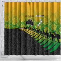 Australia New Zealand Rugby Shower Curtain Gradient Aboriginal Wallabies and Maori Black Fern - Polynesian Pride