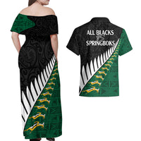 South Africa and Aotearoa Rugby Couples Matching Off Shoulder Maxi Dress and Hawaiian Shirt Springboks Black Fern Maori Vibe LT9 - Polynesian Pride