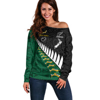 Custom South Africa and Aotearoa Rugby Off Shoulder Sweater Springboks Black Fern Maori Vibe LT9 Women Black - Polynesian Pride