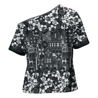 Black Hawaiian Tapa Tribal Hibiscus Cross Shoulder Shirt
