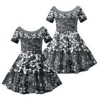 Black Hawaiian Tapa Tribal Hibiscus Family Matching Long Sleeve Bodycon Dress and Hawaiian Shirt