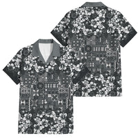 Black Hawaiian Tapa Tribal Hibiscus Family Matching Off The Shoulder Long Sleeve Dress and Hawaiian Shirt