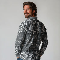 Black Hawaiian Tapa Tribal Hibiscus Long Sleeve Polo Shirt