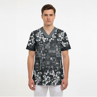 Black Hawaiian Tapa Tribal Hibiscus Scrub Top
