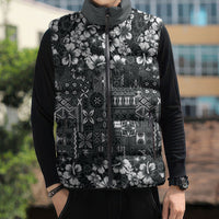 Black Hawaiian Tapa Tribal Hibiscus Sleeveless Puffer Jacket