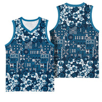 Blue Hawaiian Tapa Tribal Hibiscus Basketball Jersey