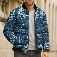Blue Hawaiian Tapa Tribal Hibiscus Bomber Puffer Jacket